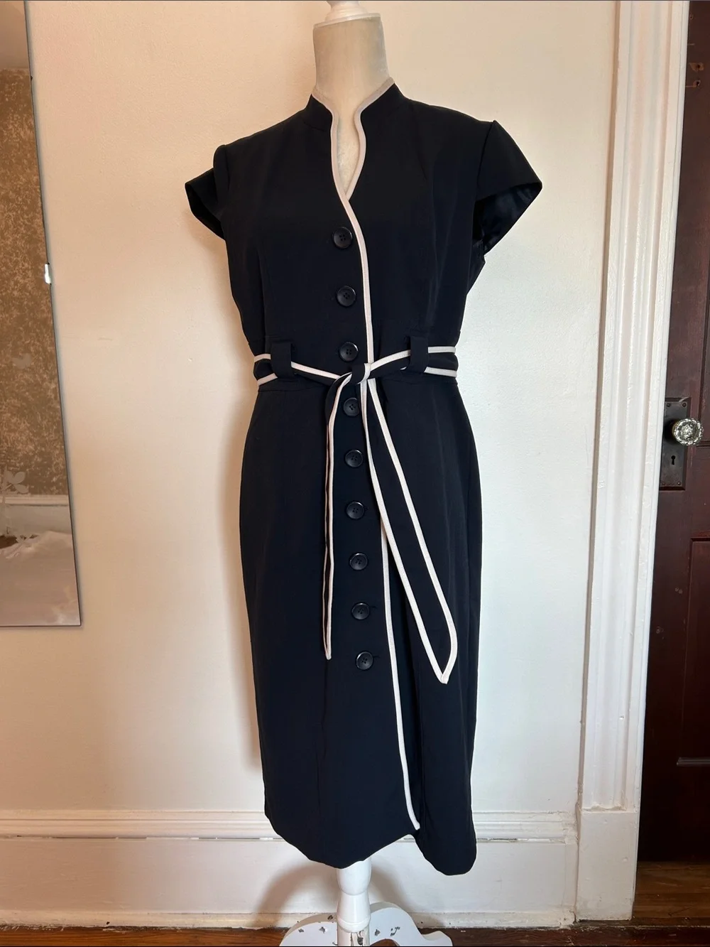 Sold Sandra Darren Black Midi Dress with White Trim and Belt